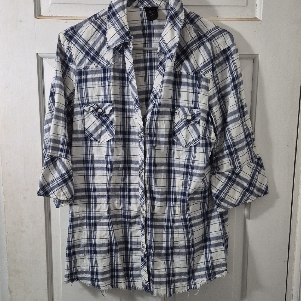 Blue and White Plaid Button-Up Shirt